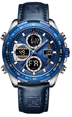 Naviforce Relojes digitales militares para hombre Reloj de cuarzo analógico impermeable Reloj deportivo multifuncional con correa de piel