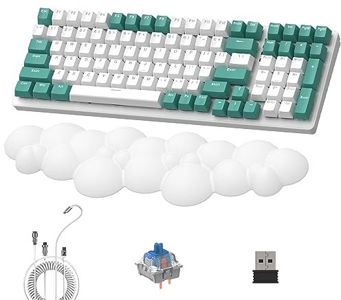 LexonElec K6 Teclado Mecánico Inalámbrico con Reposamuñecas Nube Blanca, 100 Teclas, 96% Layout, 4000mAh, Cableado/2.4Ghz/BT 5.0, RGB Backlit, Cable en Espiral para Juegos - Aqua Green Blue Switch