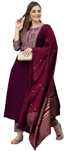 KLOSIA Ladies Embroidered Kurta and Pants Set with Dupatta, Wine, XL