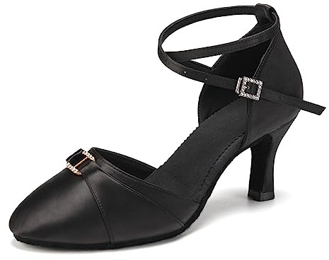 VCIXXVCE Scarpe da Ballo da Sala Donna Nere Raso Salsa Moderna Tango Valzer Danza Scarpe con Tacco 7.5cm,38.5 EU