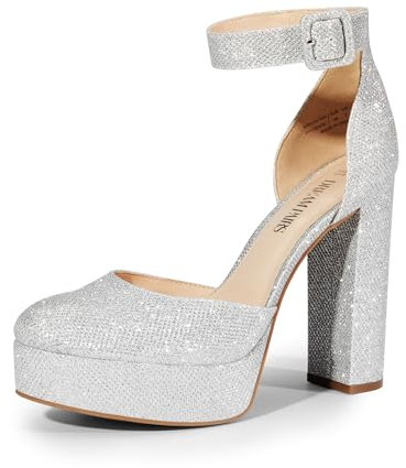 DREAM PAIRS Damen Plateau High Heels Blockabsatz Knöchelriemen Hochzeit Brautschuhe Party Bequeme Pumps Schuhe,Size 39,Silber-Glitzer,SDPU2419W