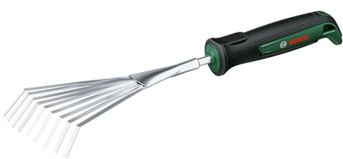 Bosch rastrillo de mano para jardín (para rastrillar restos de jardín, robusto, acero inoxidable, mango engomado, diseño ergonómico)