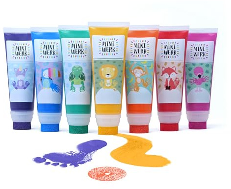 Miniwerk Naturfärg uppsättning med 7 med svampfäste – 7 ekologiska målarfärger från naturliga råvaror, giftfri som fingerfärg – baby handavtryck fotavtryck (lila, blå, grön, gul, orange, röd, rosa)