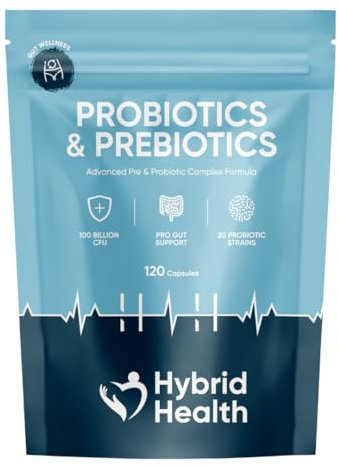 Hybrid Health Probiotics & Prebiotics Complex | 120 Vegan Capsules | 100 Billion CFU | Advanced Strength Probiotics with 20 Diverse Strains | Pre & Probiotic for Women and Men
