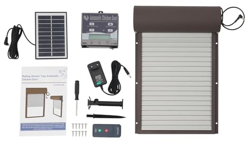 NaMaSyo Automatische Hühnerklappe Solar Elektrische Hühnertür Rolltor mit LCD Display, Fernbedienung, Solarbetrieb, Lichtsensor, Timer 4 Modi für Geflügel (Braun)