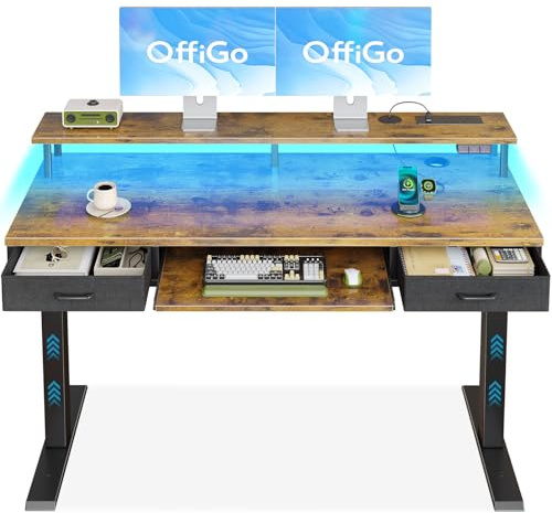 OffiGo Standing Desk with Drawers, 140cm Electric Height Adjustable Desk with Keyboard Tray, Computer Table with Monitor Stand, OfficeTable with Sockets and LED Light, Rustic Brown