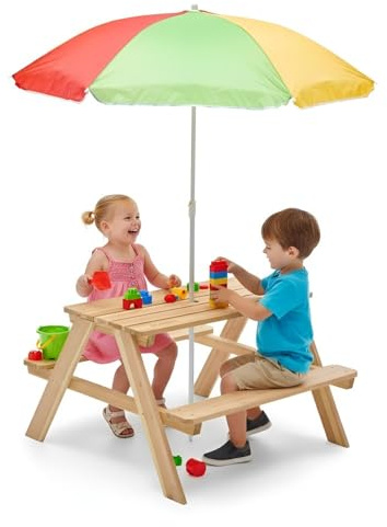 Plommonträ picknickbord med parasoll – naturligt