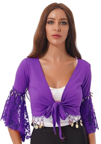 Hansber Costume da Danza del Ventre per Donne Top Manica A Tromba Blusa Corta Maglietta da Ballo con Pizzo Frange Nappe Top Avvolgente Senza Pancia Legatura Frontale Viola Scuro 3XL