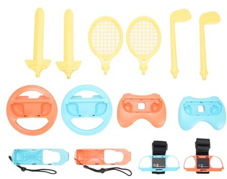 14 in 1 Switches Sports Accessories, Fit for Switches 2 Sports Game Bundle for Tennis Rackets Clubs Fencing Steering Wheels Controller Grips Wristbands Handles