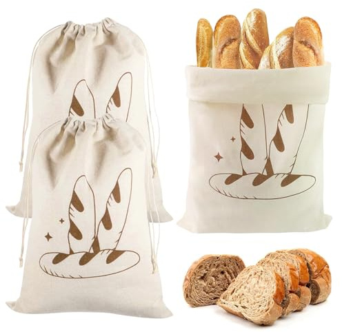 3 Pz Sacchetto Pane Salvafreschezza, Sacchetti per Pane in Lino Riutilizzabili, Sac a Pain, Porta Panes con coulisse per conservare frutta, verdura e panes (40 x 30 cm)