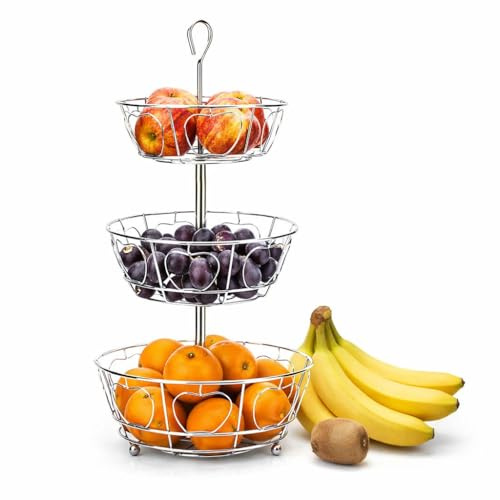 Ichigo Ichie Cesta de Frutero de 3 Niveles con Asa Superior, Cesta de Frutas Metálica, Organizador de Cocina para Encimera, Soporte para Frutas y Verduras, Ideal para Frutas, Verduras y Más