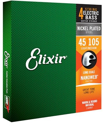 Elixir® Saiten Nickel-Wound 4-str. E-Basssaiten mit NANOWEB® Beschichtung, Extra Long Scale, Light/Medium (.045-.105)