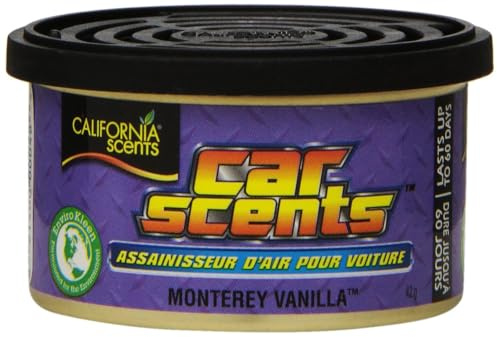 California Car Scents CCS-405TR Air Freshener, Monterey Vanilla Car Scents (Pack of 4) Lasts up for 60 Days Refreshing Fragrance, Environmentally Friendly, Light Weight Organic Product Recyclable, Adjustable Vented Lid, Tray of 4 Canisters