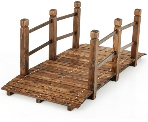 COSTWAY Pont de Jardin en Bois de Sapin Carbonisé Charge Maximale 150KG, Pont sur Étang 150 x 67 x 55 cm avec Double Garde-Corps de Sécurité, Décoration du Jardin pour Patio Cour (Marron foncé)