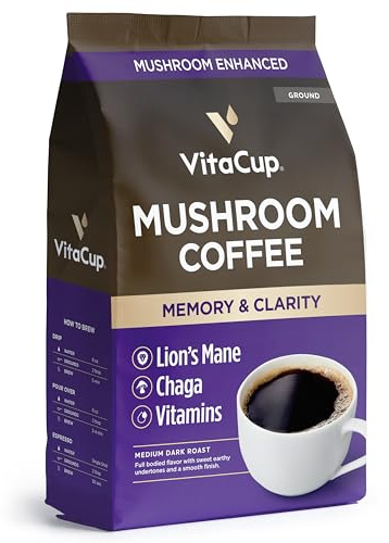 VitaCup Mushroom Coffee Grounds, with Lions Mane, Chaga, B Vitamins, D3, Boost Focus, Immunity, Memory & Clarity, Medium Dark Roast, Bold & Smooth 100% Arabica Specialty, 10 Oz