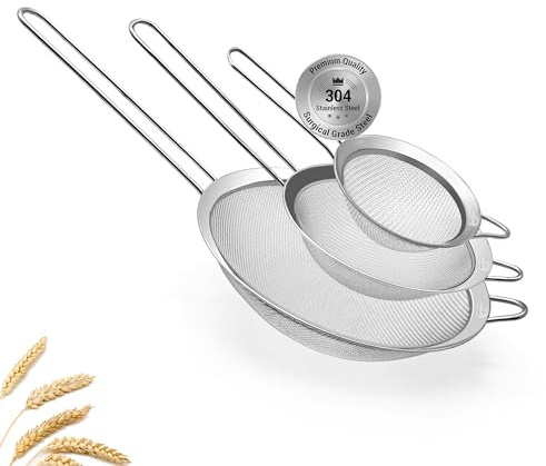 3 Fine Mesh Strainers Set with Handle for Kitchen - Sizes 7, 4.7, 3.3, Easy Clean 304 Stainless Steel, Comfortable Non-Slip Grip. Ideal for Tea, Coffee, Rice, Quinoa, Veggies & Fruits