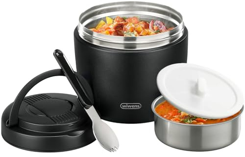wiwens Thermo Food Jar for Hot Food Adults 32OZ Soup Thermo Lunch Containers Wide Mouth Vacuum Insulated Stainless Steel Leakproof Bento Box with Spoon (Black)