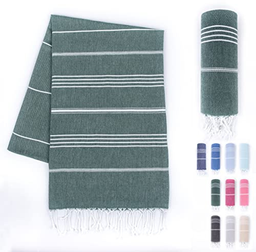 LAYNENBURG Hamam-handduk med handknutna fransar, 100 % bomull, XXL-strandhandduk på 100 x 200 cm, OEKO-TEX 100, stor strandhandduk, bastuhandduk och resehandduk (mörkgrön)
