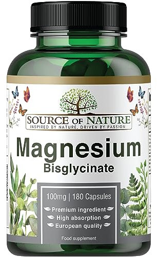 Magnesio Bisglicinato 770 mg | 100 mg Elementare per Capsula | 180 Capsule Vegane | Alta Biodisponibilità | Delicato sullo Stomaco | Senza Effetti Lassativi | Source of Nature