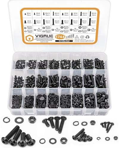 VIGRUE Juego de 1744 tornillos M2, M3, M4, M5, acero al carbono, negro y tuercas, arandelas redondas, cabeza alomada hexagonal, con llave inglesa, tornillos roscados