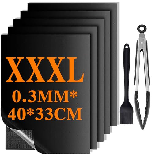 FumyFumy BBQ Grillmatte für Gasgrill, Grillmatten für Holzkohle Grillplatte Grill Zubehör, Backmatte Wiederverwendbar Dauerbackfolie Teflon Grillmatte mit Grillbürste und Grillklammern 5er Set
