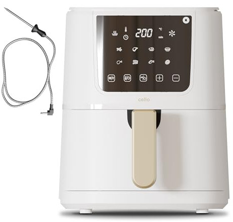 Cello 4 Litre 1400W white Digital Air Fryer with In-Built ProChef Food Thermometer, 8 Presets, Grill, Roast, Bake, Recipes included, Non-Stick, Touch Control, Compact, Dishwasher Proof, 2024 model