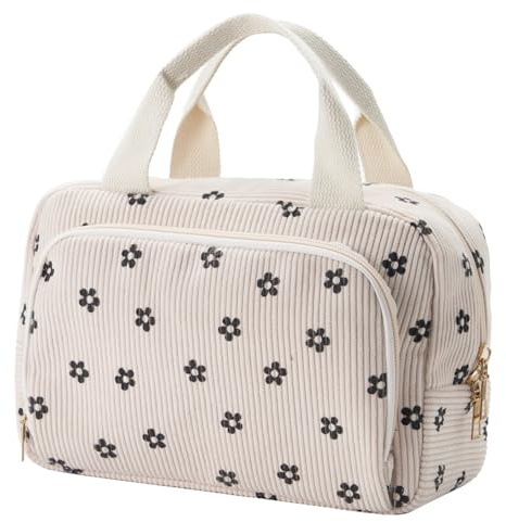 Funtlend Toiletry Bag for Women & Girls,Corduroy Makeup Bag with Compartments & Handle,Travel Wash Bag & Cosmetic Organiser for Skincare and Storage(Medium)