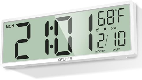 Xflyee 14.5'' Large Digital Wall Clock Battery Operated with Jumbo Numbers, Auto DST, Day, Date, Alarm, Temperature for Living Room, Bedroom, Desk Decor, Gift, LCD Screen Display Easy to Read and Set