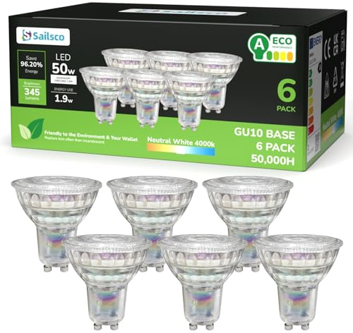 sailsco Classe A Ampoule GU10 LED Spot Blanc,1.9W équivalent 50W,345LM 4000K Ampoule LED GU10 Blanc Neutre,36° Angle Du Faisceau,Non-Dimmable,Verre,Lot de 6
