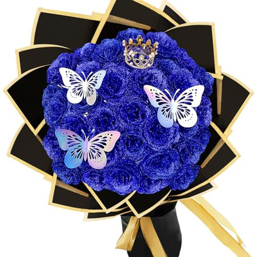 LARDUX Ramo de rosas con purpurina, San Valentín, ramos de rosas artificiales, ramos de flores con purpurina artificiales DIY con corona para regalos, boda, aniversario, compromiso, cumpleaños, día de