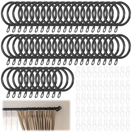 50 Pack Metal Curtain Rings and Hooks, 30mm Inner Diameter Metal Curtain Hoops, CurtainPole Ring with Plastic Hooks Drape Sliding Eyelet Rings for CurtainPoles, Drapery, Shower Hanging (Black)