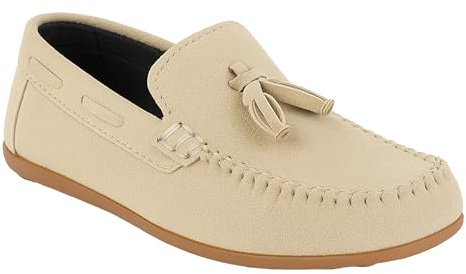 Pojkar fuskmocka Slip On Loafer bröllop klassisk smart casual mockasin platta skor, Grädde, 34.5 EU