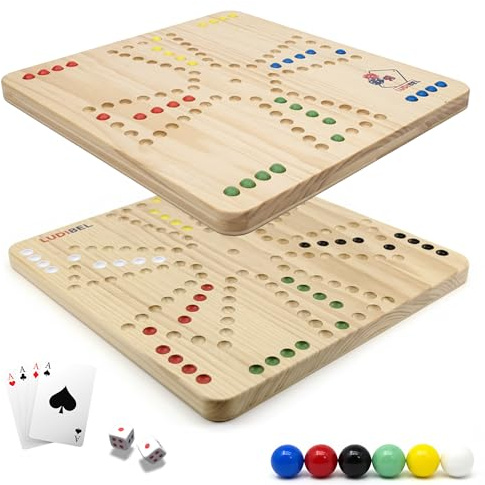 Ludibel - XL Ludo Brädspel i Trä 4–6 Spelare – Vändbar 40x40 cm i Massiv Furu – Kompatibel med Fia med knuff & Tock – Spel med Kort eller Tärning – Glaskulor Ingår