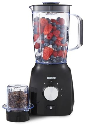 GEEPAS 2-in-1 Food Jug Blender | 1.8L Juice Jar & 60G Mini Coffee Spice Mill | 6-Leaf Stainless-Steel Blades 3 Speed & Pulse Smoothie Maker Turbo Button for Ice Crushing Overheat Protection 600W Black
