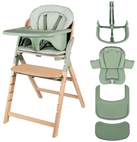 LIONELO Seggiolone Pappa in Legno Megan, Cresce con il Bambino da 6 Mesi a 110 kg, Poggiapiedi regolabile, Cinture di sicurezza a 5 punti, Cuscino per Seduta, Pulizia facile (Legno Verde)