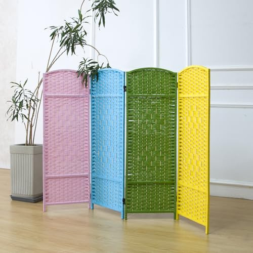 Furnnylane 4 Panel Colorful Rattan Divider Short Room Partition Screen,Double Sided Short Folding Divider for Room Separation,120 cm Tall