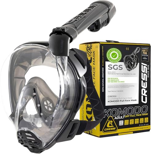 CRESSI dal 1946-Komodo Full Face Maschera Integrale Dry da Snorkeling Visione a 180°-CO2 Sicuro-Silicone 100% Anti Appannamento-Snorkel Laterale-Cinghie Elastiche Regolabili-Nero/Nero-M/L