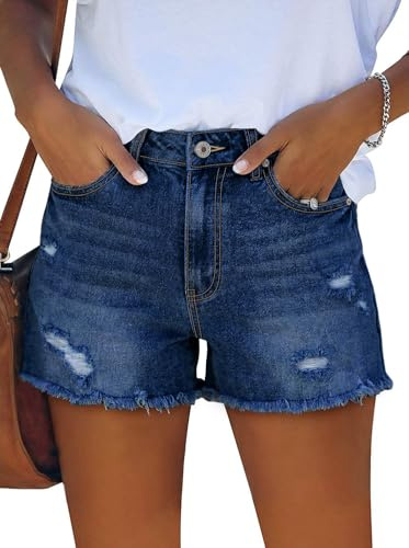 onlypuff Navy Denim Shorts for Women Push Up Frayed Stretchy Jean Shorts 12