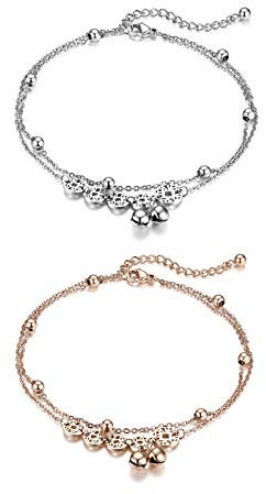 JewelryWe Schmuck 2pcs Damen Armband Fußkettchen Edelstahl Chinesische Münzen Reichtum Glöckchen Kugel Charmsarmband Armkette Fußkette verstellbar Rosegold Silber