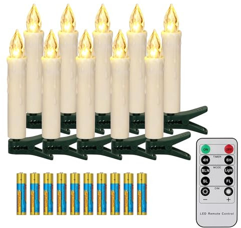 FREEPOWER 10er LED Weihnachtskerzen mit Fernbedienung Timer Flackern Dimmbar Christbaumkerzen Kabellose Kerzen für Weihnachtsbaum Warmweiß Weihnachtsdeko Innen Außen Wasserdicht(mit 10 Batterien)