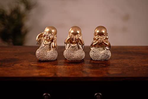 HomeZone 3 Baby Buddhas Ornaments Hear Speak See No Evil Figure Statue Gold Buddha Figurines Home Decoration Stocking Filler Xmas Gift