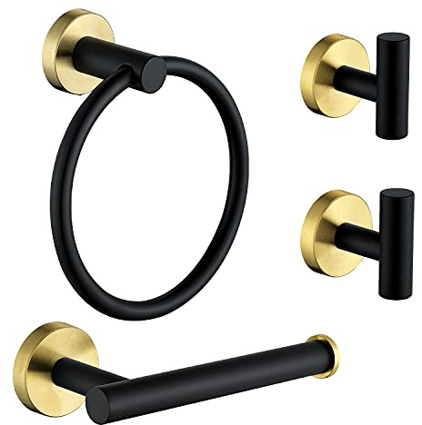 Ntipox 4 Piece Stainless Steel Matte Black and Brushed Gold Bathroom Hardware Set Include Hand Towel Ring Holder, Toilet Paper Holder,and 2 Robe Towel Hooks,Bathroom Accessories Kit…