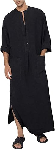 YAOHUOLE kaftan för män, V-ringad långärmad kaftan för män, lång knapp hög thobe herrsida delad bomull med fickor