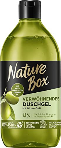 Nature Box Gel de ducha (385 ml), aroma de oliva, fórmula vegana y pH neutra con aceite de oliva prensado en frío, certificado cosmético natural