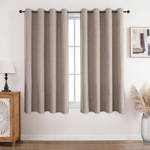 CUCRAF 100% Blackout Curtains Linen Thermal Curtains 63 Inch Drop 2 Panels Soft Texture Energy Saving Sun Blocking Eyelet Curtains for Bedroom Living Room 52 X 63 Inch
