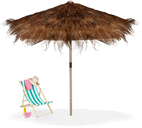 Relaxdays Hawaii Sonnenschirm, Strandschirm HxØ: 250 x 215 cm, handgefertigt, Holz & Palmenblatt, wetterbeständig, braun