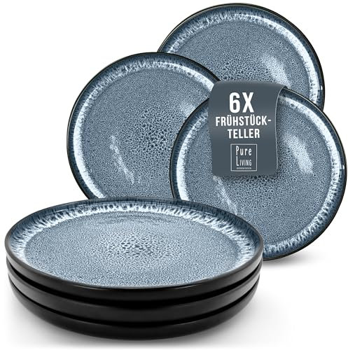 Steingut Frühstücksteller 6 Personen Ibiza TESTSIEGER, Traumhaftes Mediterranes Steingut Dessertteller Set, Kleine Teller, Salatteller - Pure Living in Rauchblau