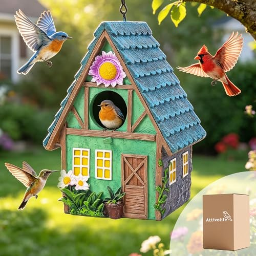 Bird Houses for Garden, Attivolife Resin Colorful Bird Nesting Boxes with Hanging Chain for Outdoor Tree Backyard Decoration, Weatherproof Houses for Bluebird Finch Cardinals, Gift for Birdman Friend