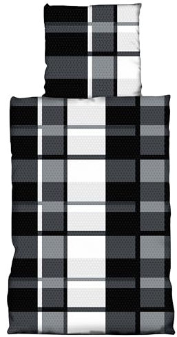 Leonado Vicenti Fleece Bettwäsche Set Kuschelig Warm Weich Schwarz Grau Weiß Kariert Ornamente Reißverschluss Winterbettwäsche, 135x200 cm, 2 teilig