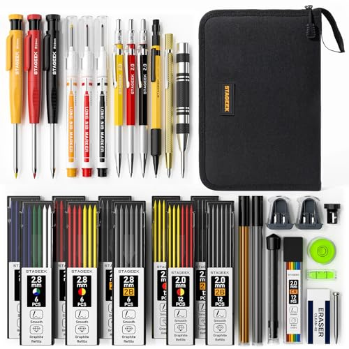 STAGEEK 34 Pack Carpenter Pencil Set with Sharpener, Mechanical Carpenter Pencils with Deep Hole Long-Nib Marker Pens, Carbide Scribe Tool & Construction Pencils for Architect Woodworking with Case